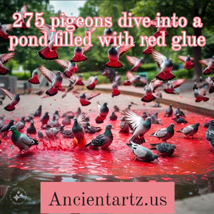 275 pigeons dive into a pond filled with red glue